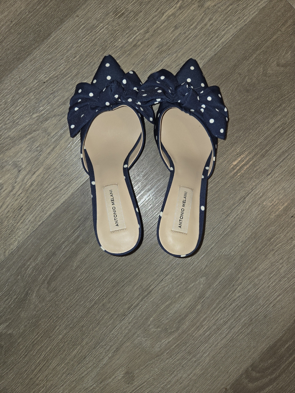 ANTONIO MELANI Navy Polka Dot Bow Slide Mules